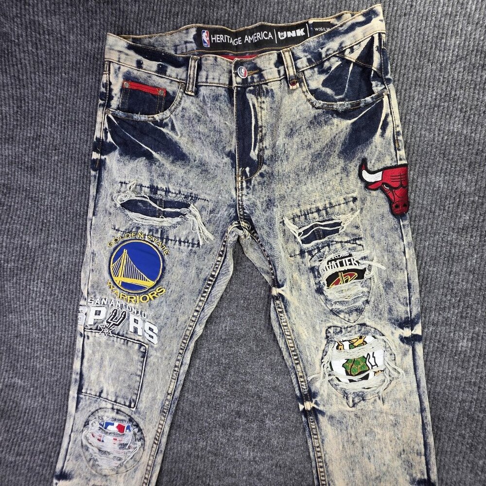 UNK Heritage America Jeans Mens 36 x 34 NBA Basketball Distressed Patches Grunge - Picture 2 of 16